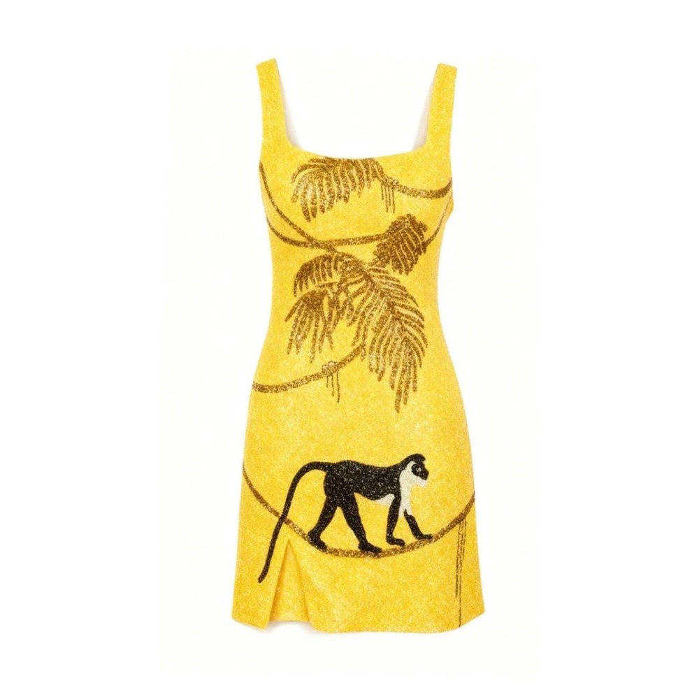 Oceanus ST. Barth Monkey Palm Leaf Mini Dress Sleeveless Square Neck Slit